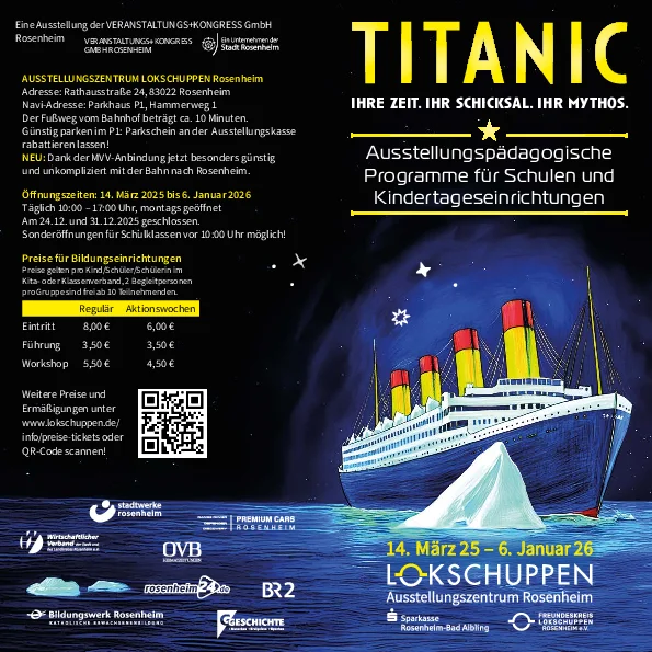 Pädagogikprogramm Flyer zur Ausstellung Titanic 2025 im Lokschuppen Rosenheim © VKR
