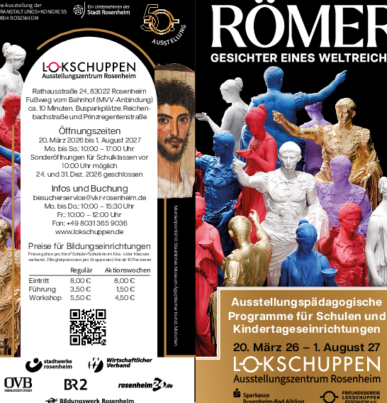 Pädagogischer Flyer Ausstellung Römer 2026 2027 Lokschuppen Rosenheim