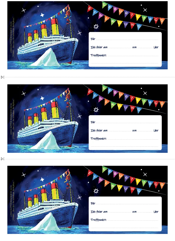 Vordruck Kindergeburtstagseinladungen zur Ausstellung TITANIC im Lokschuppen Rosenheim © VKR