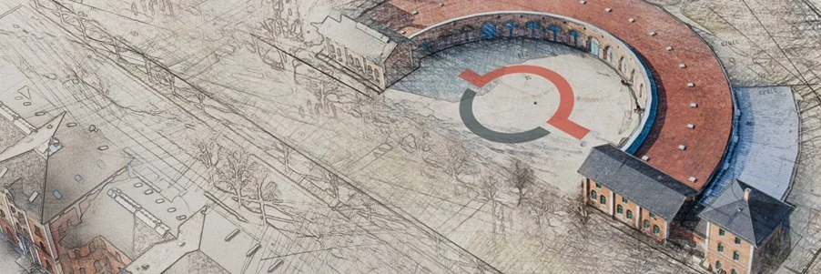 Plakat gezeichneter Lokschuppen Vogelperspektive