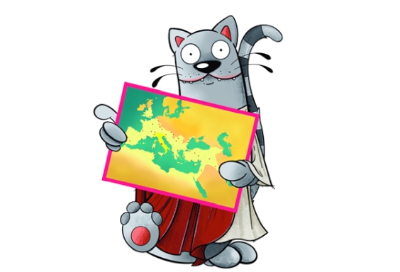 Katze mit Römer Karte Ausstellung Römer Lokschuppen Rosenheim 2026 2027